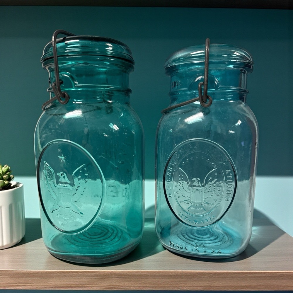 Vtg Bicentennial Teal Blue Ideal Ball Jar Wire Bail, Seal‎ - 1976 - Set Of 2 USA